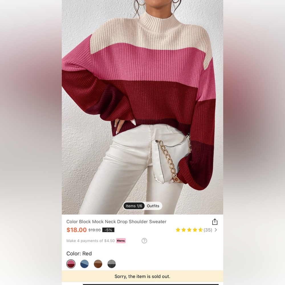 Color Block Mock Neck Drop Shoulder Sweater